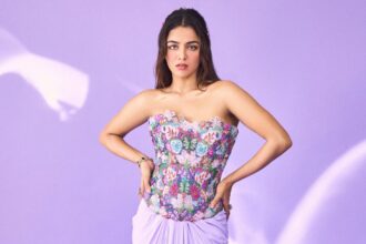 Wamiqa Gabbi wearing a lavender Sonaakshi Raaj ensemble with embroidered corset and butterfly hair clips
