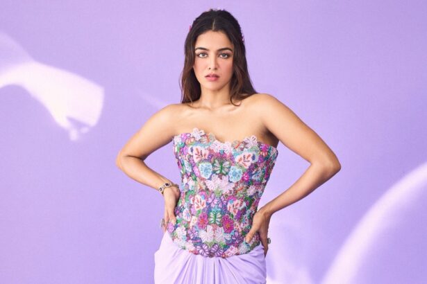 Wamiqa Gabbi wearing a lavender Sonaakshi Raaj ensemble with embroidered corset and butterfly hair clips