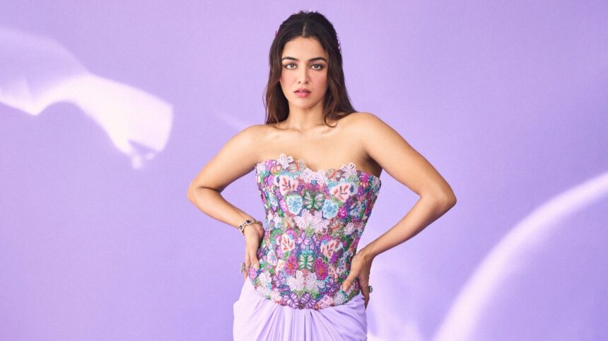 Wamiqa Gabbi wearing a lavender Sonaakshi Raaj ensemble with embroidered corset and butterfly hair clips