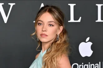 Sydney Sweeney wearing a baby blue chiffon gown at the Echo Valley London premiere