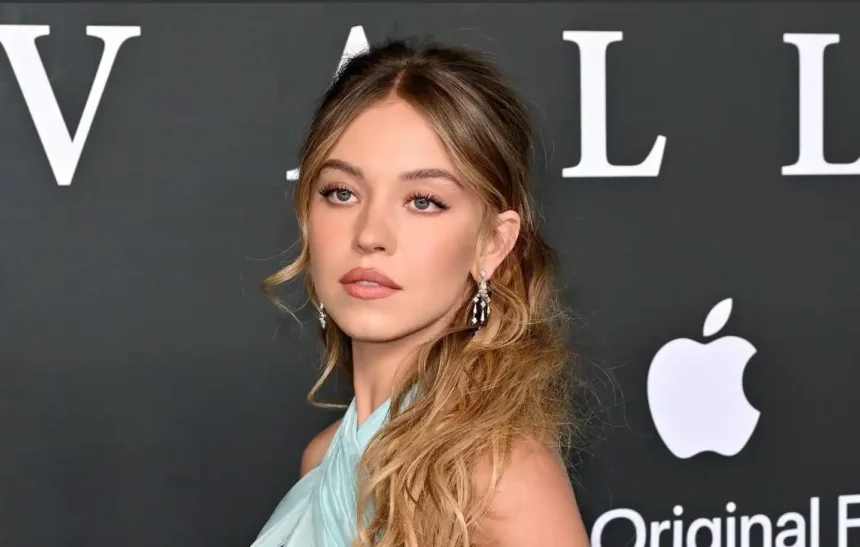 Sydney Sweeney wearing a baby blue chiffon gown at the Echo Valley London premiere