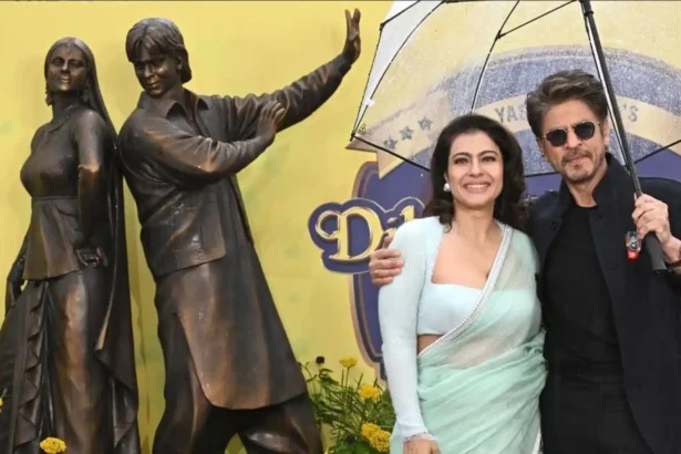 Shah Rukh Khan and Kajol at the DDLJ Raj Simran statue in Leicester Square London