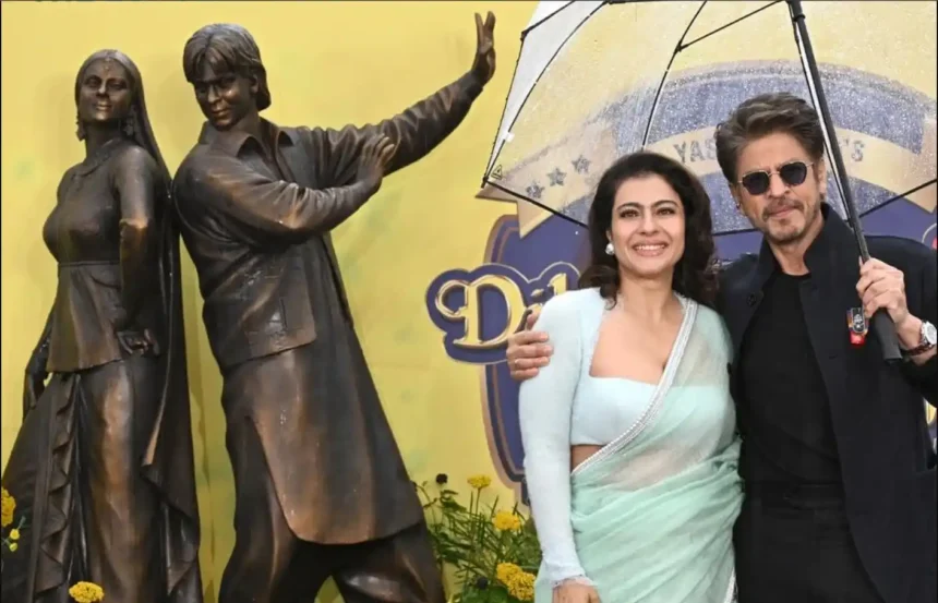 Shah Rukh Khan and Kajol at the DDLJ Raj Simran statue in Leicester Square London
