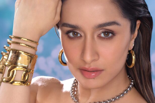 Shraddha Kapoor showcasing natural skin and her signature forehead mole in a beauty portrait