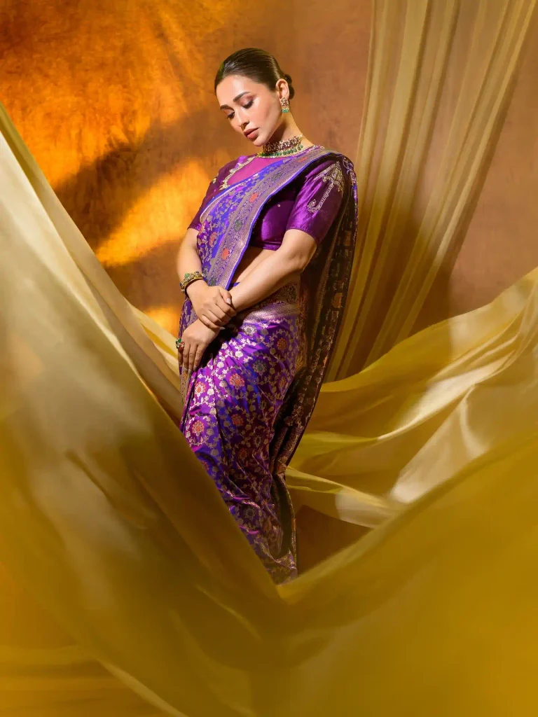 Mimi Chakraborty Turns Heads in Vibrant Violet Silk, Bringing Festive Royalty to Modern Saree Style 13 757455092 18625404463038210 1197203405072994607 n 11zon Hunterfly Style The Royal-Blue and Gold Border Adds Contrast
