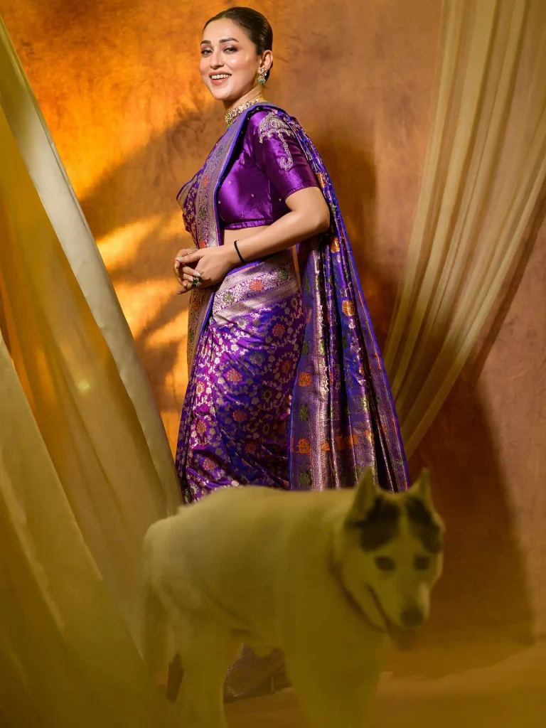 Mimi Chakraborty Turns Heads in Vibrant Violet Silk, Bringing Festive Royalty to Modern Saree Style 17 758469165 18625404508038210 6939545456943499328 n 11zon 768x1024 1 Hunterfly Style Ruby and Emerald Details Add Depth