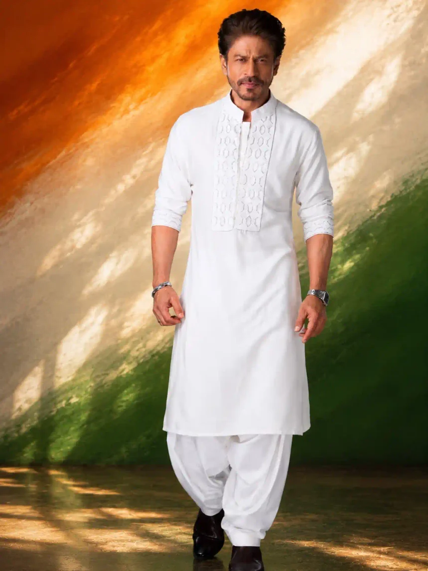 AI-generated Shah Rukh Khan in white traditional kurta against a saffron white and green Independence Day backdrop