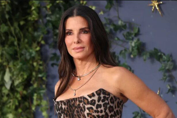 Sandra Bullock wearing a leopard-print strapless corset dress at the Practical Magic 2 London premiere