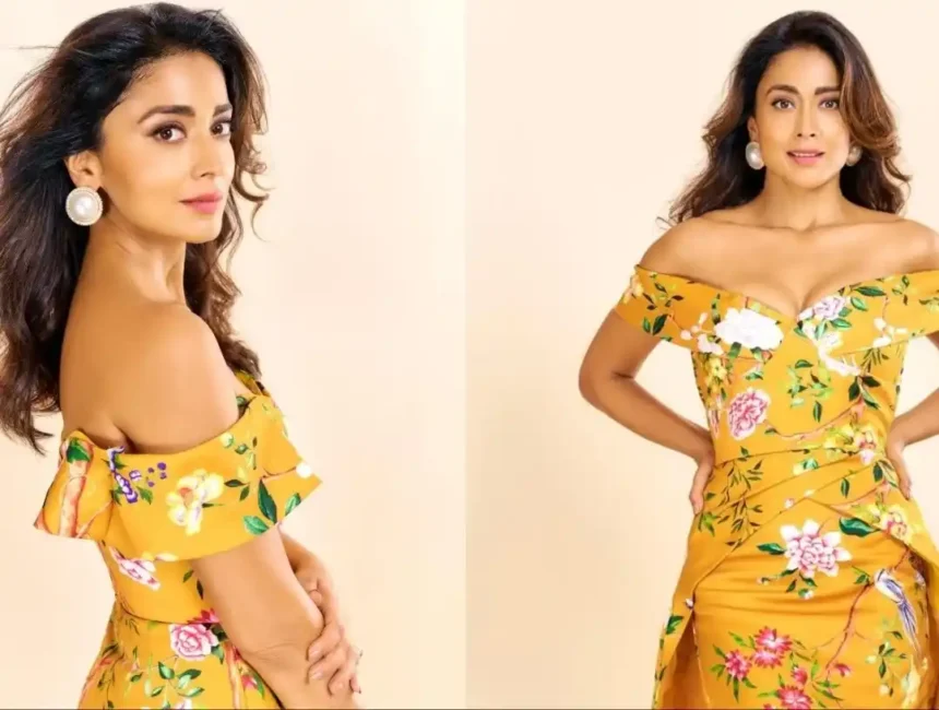 Hunterfly Shriya Saran Stuns in Off Shoulder Mustard Yellow Floral Gown 11zon Hunterfly Shriya Saran Stuns in Off Shoulder Mustard Yellow Floral Gown 11zon