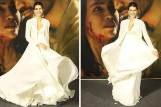 Hunterfly 025 11 16 114319 Kriti Sanon in an ivory Rohit Bal Anarkali at the Tere Ishk Mein trailer launch.