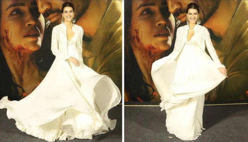 Hunterfly 025 11 16 114319 Kriti Sanon in an ivory Rohit Bal Anarkali at the Tere Ishk Mein trailer launch.