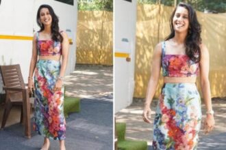 Jemimah Rodrigues in sky-blue floral outfit on Kajol and Twinkle Khanna’s show Too Much