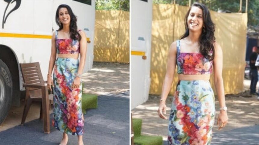 Jemimah Rodrigues in sky-blue floral outfit on Kajol and Twinkle Khanna’s show Too Much