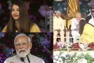 Aishwarya Rai Bachchan touching PM Narendra Modi’s feet at Sathya Sai Baba centenary event