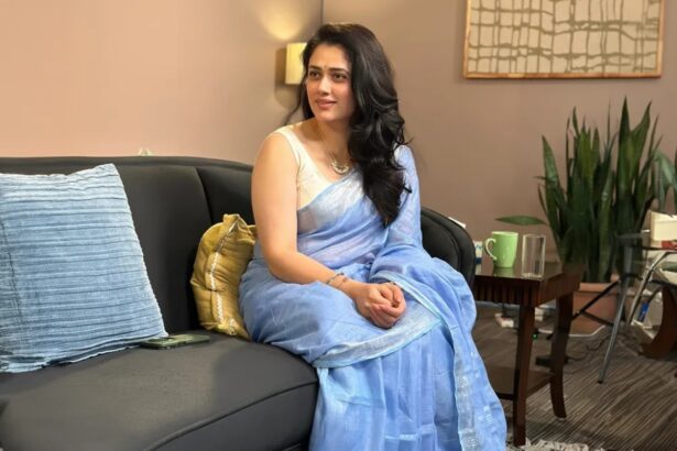 Actress Girija Oak in a blue saree from her viral interview clip that captured the internet’s attention.