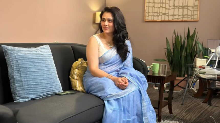 Actress Girija Oak in a blue saree from her viral interview clip that captured the internet’s attention.