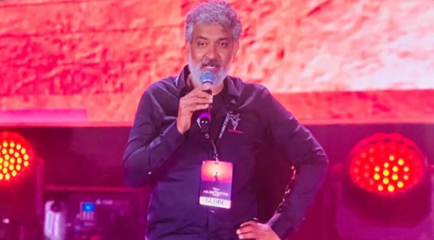 Hunterfly 25 11 17 210204 SS Rajamouli addresses audience at Varanasi teaser launch amid technical glitches