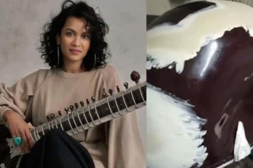 Grammy-nominated sitarist Anoushka Shankar with her sitar after Air India flight mishandling