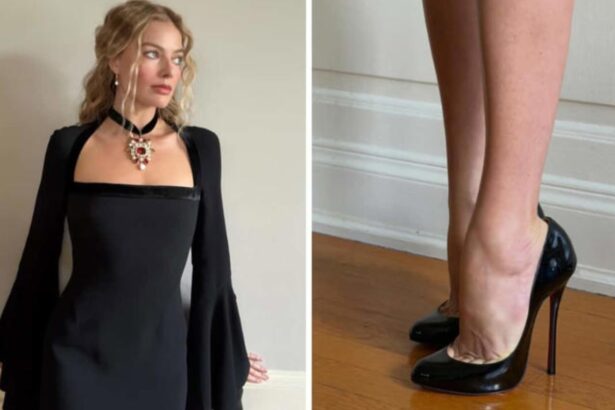 Margot Robbie wearing gothic Roberto Cavalli outfit with sky-high heels