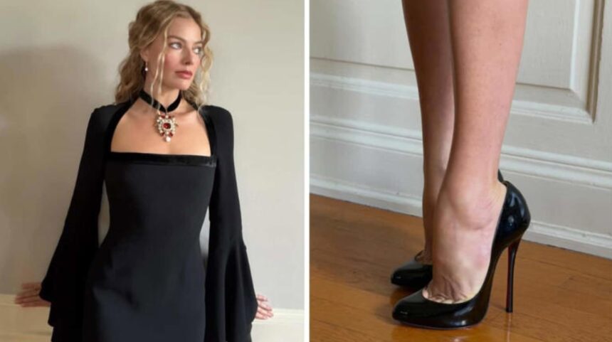 Margot Robbie wearing gothic Roberto Cavalli outfit with sky-high heels