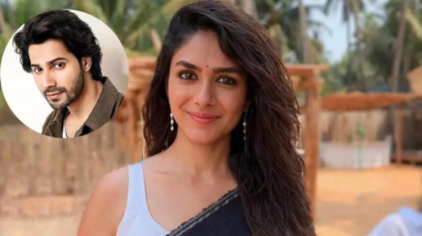 Hunterfly 026 02 06 174223 Mrunal Thakur pregnant look with Varun Dhawan on film set