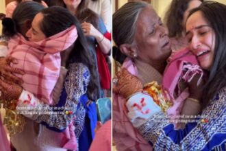 Delhi bride hugging childhood caregiver during wedding preparations