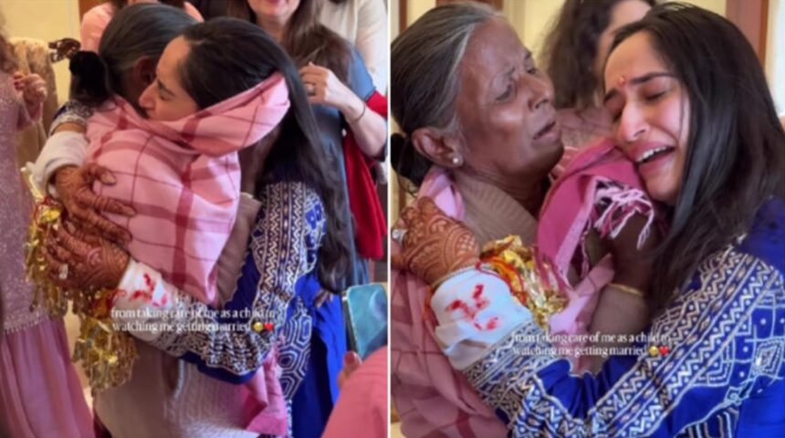 Delhi bride hugging childhood caregiver during wedding preparations