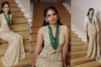 Hunterfly 026 02 12 213338 Isha Ambani in beige mermaid-style lehenga by Anamika Khanna