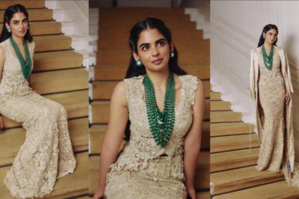 Isha Ambani in beige mermaid-style lehenga by Anamika Khanna