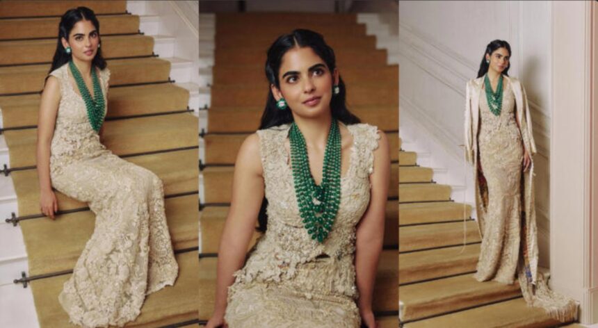 Hunterfly 026 02 12 213338 Isha Ambani in beige mermaid-style lehenga by Anamika Khanna