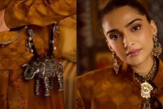 Hunterfly 026 02 13 141349 Sonam Kapoor in mustard Indo-Western outfit with elephant bag