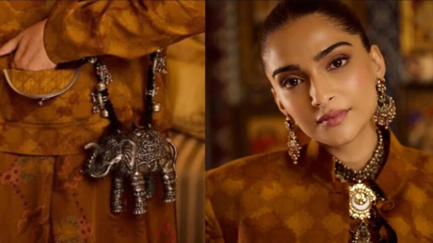 Sonam Kapoor in mustard Indo-Western outfit with elephant bag