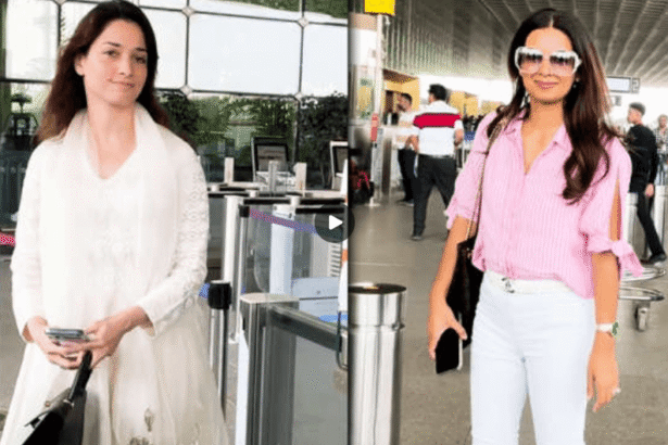 Tamannaah Bhatia in white ethnic outfit and Geeta Basra at Mumbai airport departure