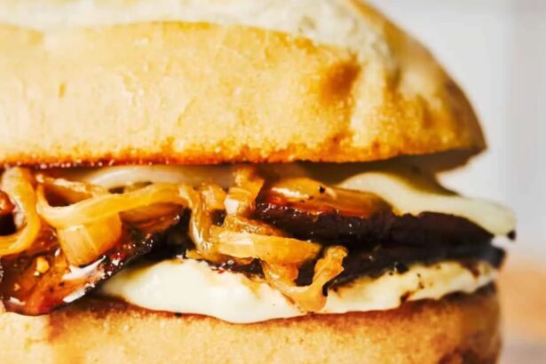 Portobello French Dip sandwich with roasted mushrooms, Provolone, caramelized onions, and horseradish aioli