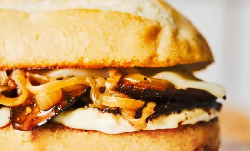 Hunterfly 026 02 15 183742 Portobello French Dip sandwich with roasted mushrooms, Provolone, caramelized onions, and horseradish aioli