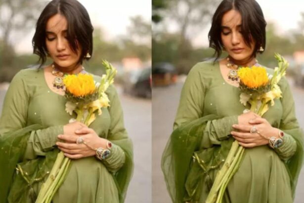 Surbhi Jyoti flaunting her baby bump in green salwar kameez