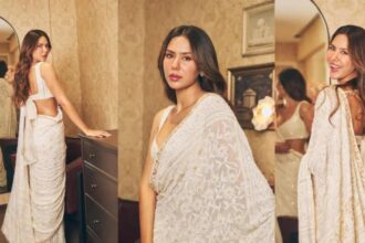 Sonam Bajwa wearing ivory chikankari saree with sleeveless blouse and statement earrings