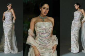 Hunterfly 026 02 22 141322 Janhvi Kapoor wearing Rahul Mishra ivory sequin gown with emerald choker