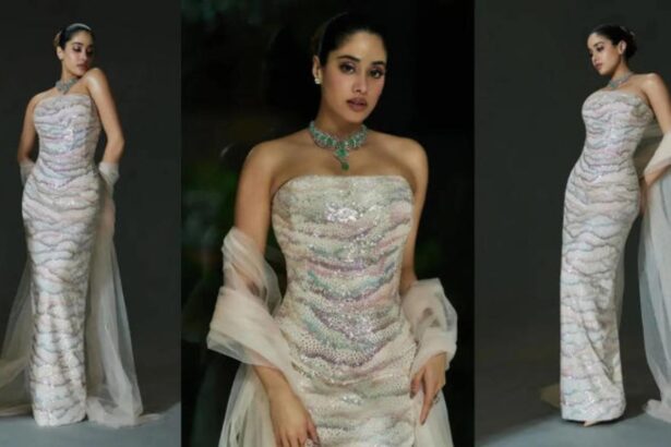 Janhvi Kapoor wearing Rahul Mishra ivory sequin gown with emerald choker