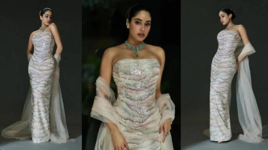 Janhvi Kapoor wearing Rahul Mishra ivory sequin gown with emerald choker