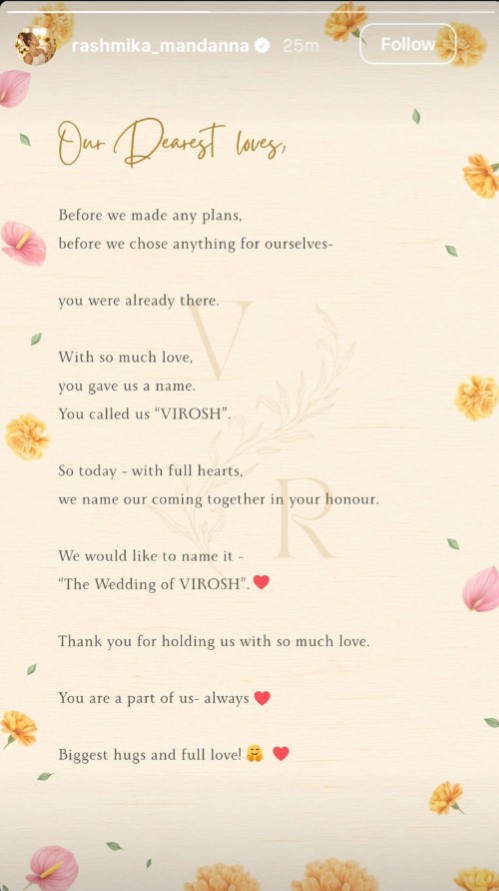 Rashmika Mandanna & Vijay Deverakonda Officially Announce Wedding, Name Their Union ‘The Wedding of VIROSH’