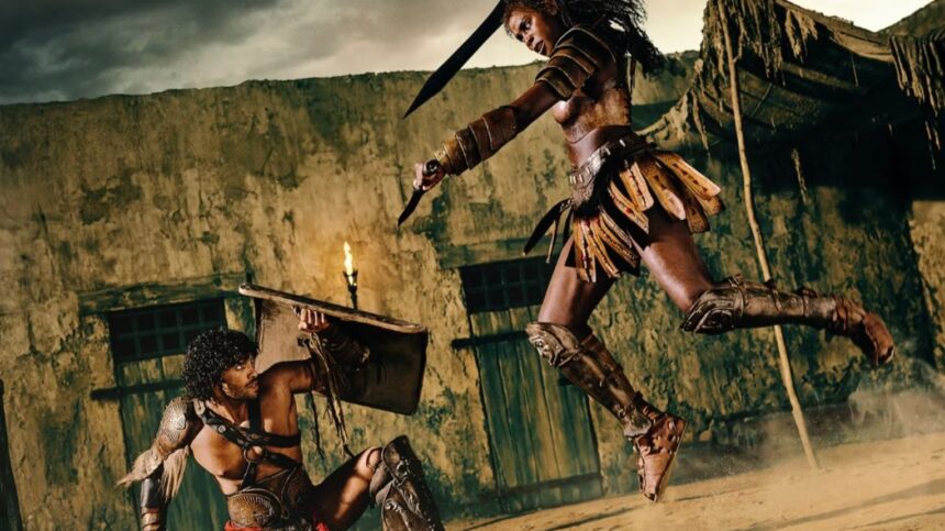 Spartacus House of Ashur cast in gladiator arena scene
