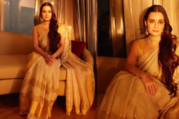 Dia Mirza Ivory Gold Anavila Saree Look