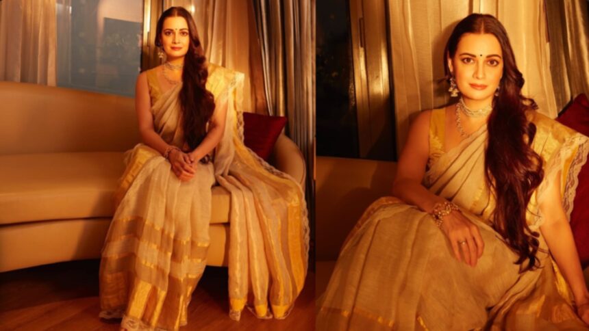 Dia Mirza Ivory Gold Anavila Saree Look