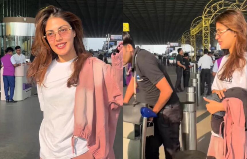 Rhea Chakraborty wearing pink tie-dye co-ord set at airport