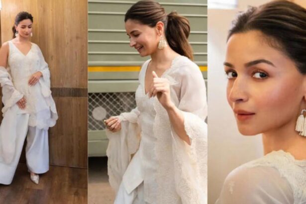Alia Bhatt wearing an all-white Farshi salwar set by Torani with pearl earrings