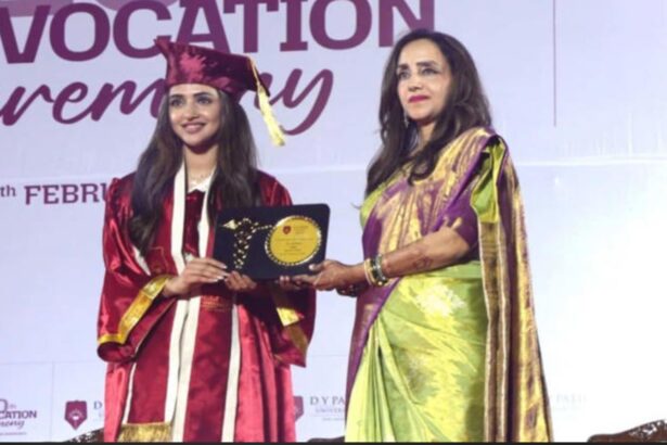 Sreeleela wearing red graduation gown at medical degree convocation ceremony