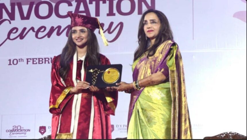 Sreeleela wearing red graduation gown at medical degree convocation ceremony