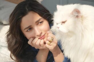 Alia Bhatt posing with her pet cat at home