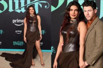 Priyanka Chopra wearing armour-inspired brown gown at The Bluff premiere with Nick Jonas